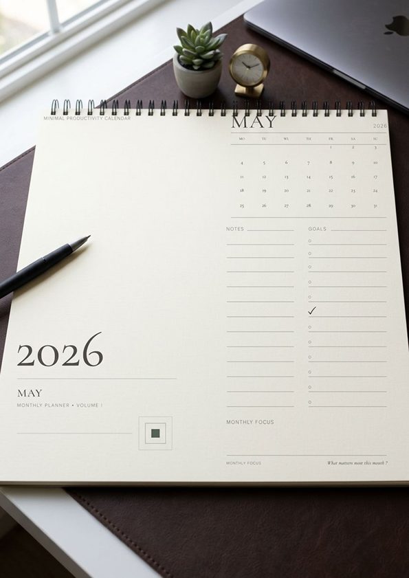 Minimal productivity calendar concept — spiral-bound mockup
