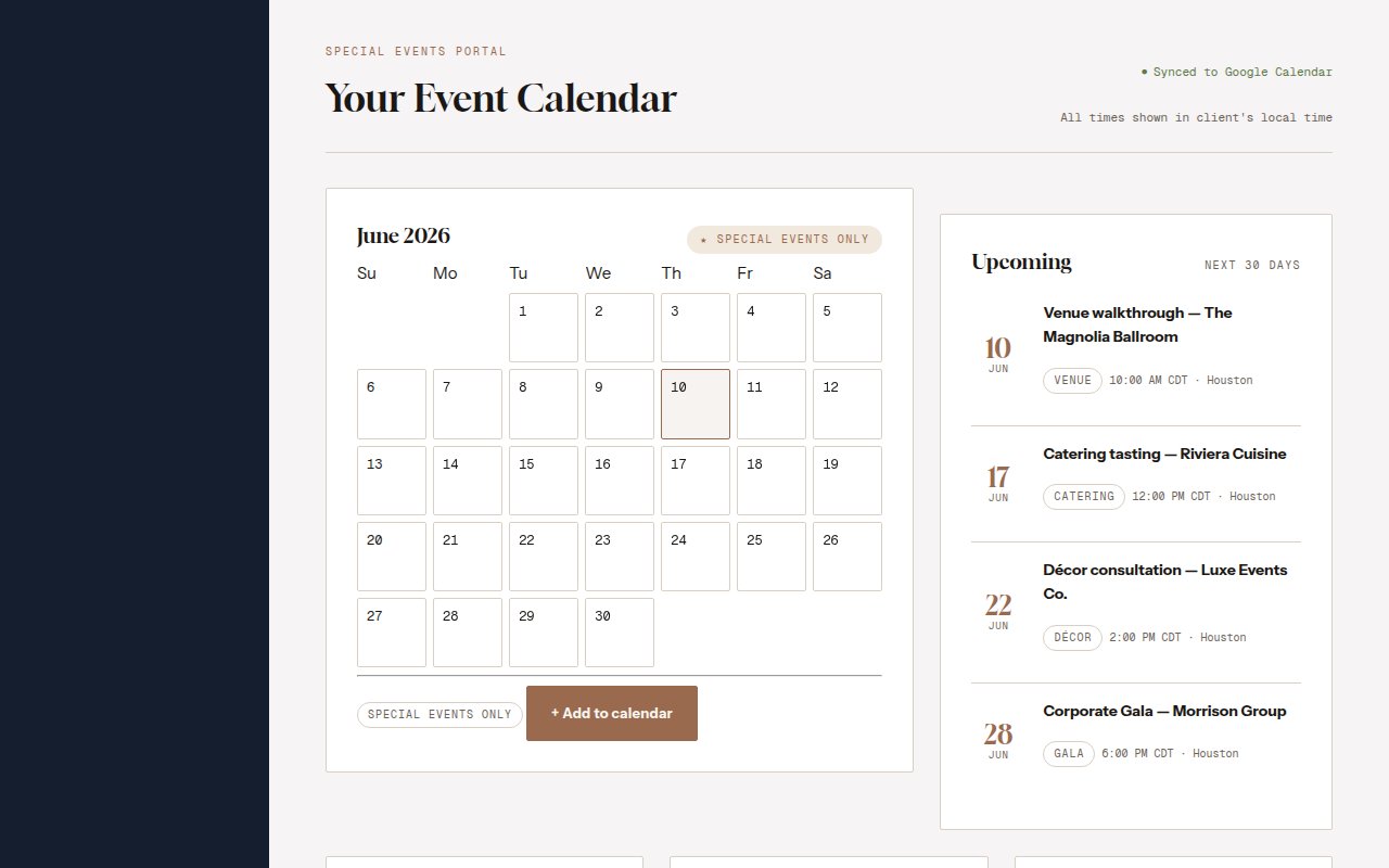 Client portal prototype — special-events dashboard variant