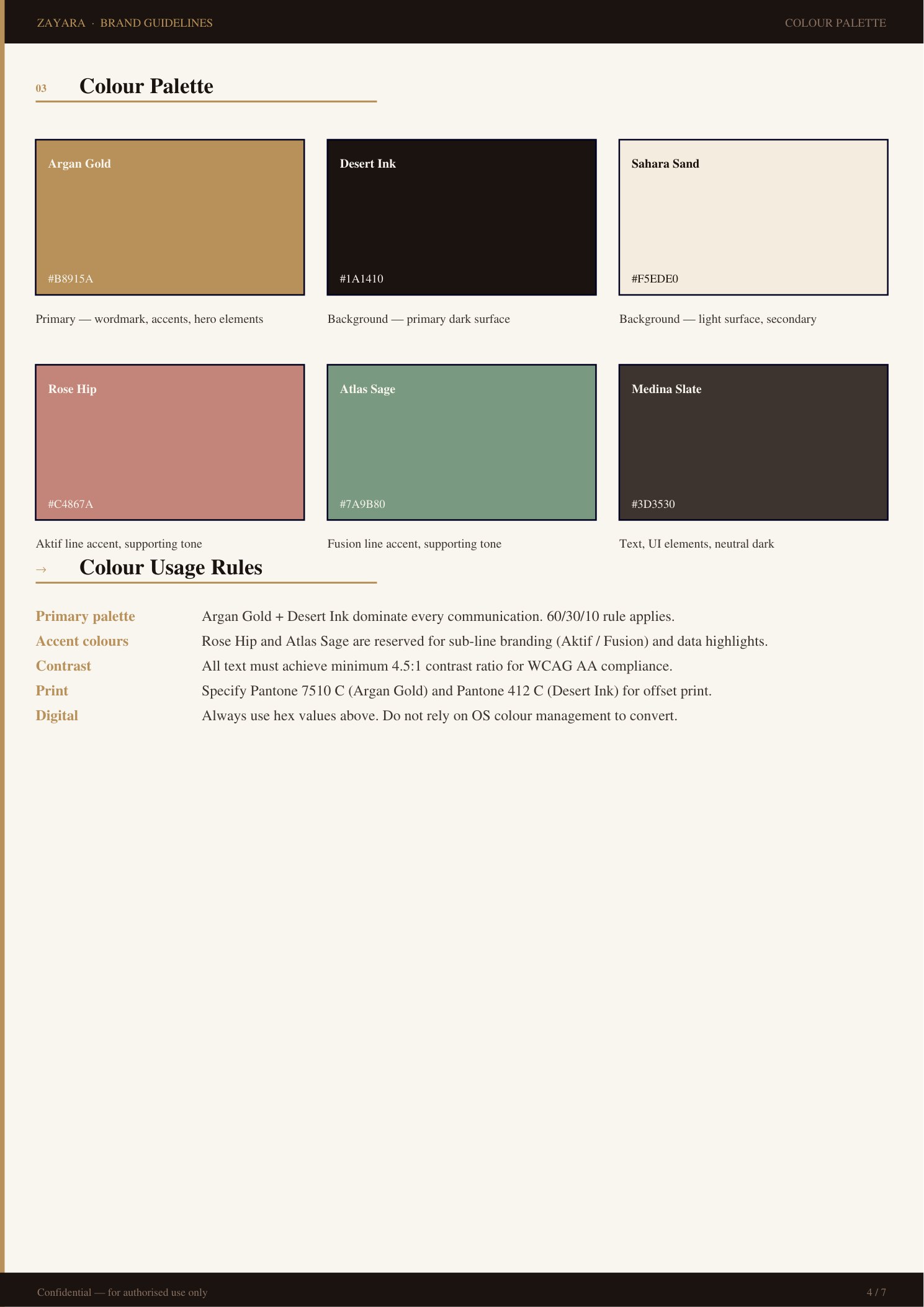 Zayara brand guidelines — six-colour palette page with hex and Pantone values