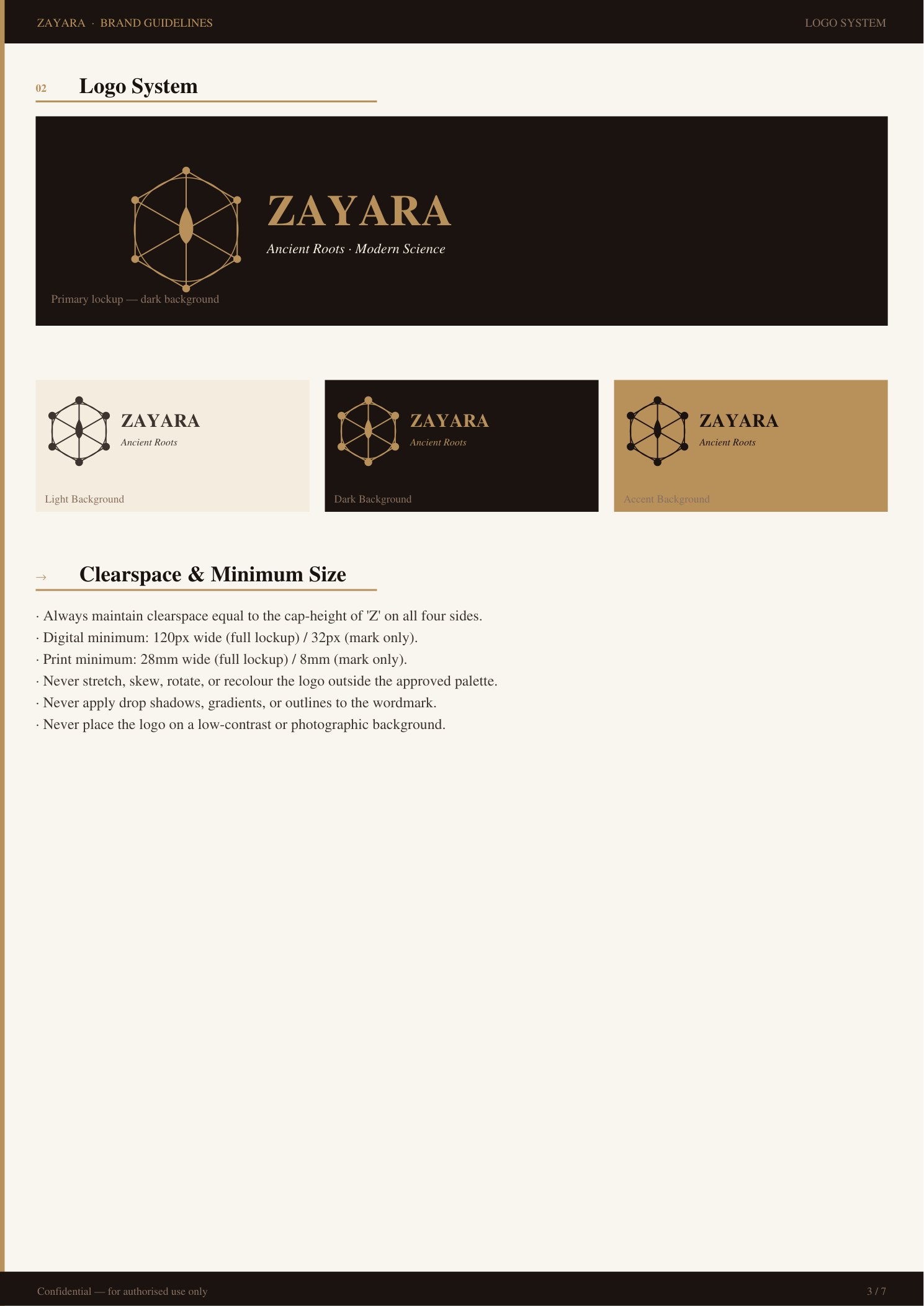 Zayara brand identity — logo system on light, dark, and gold backgrounds
