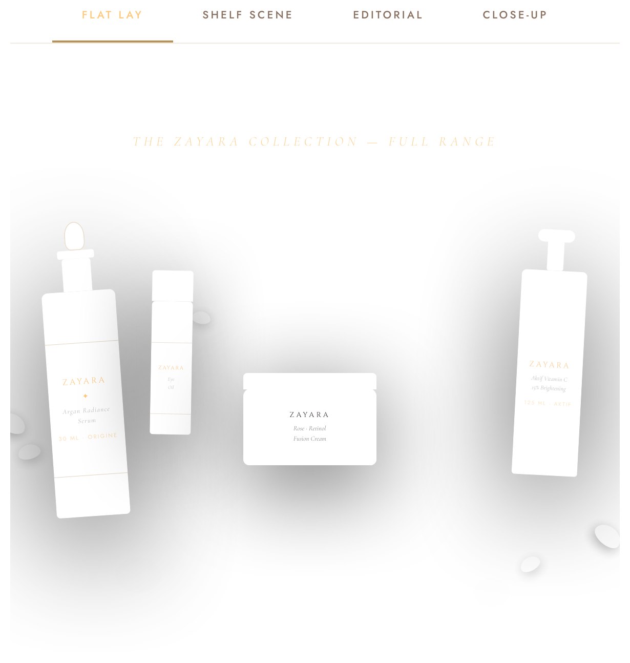 Zayara product mockup — full collection flat lay scene