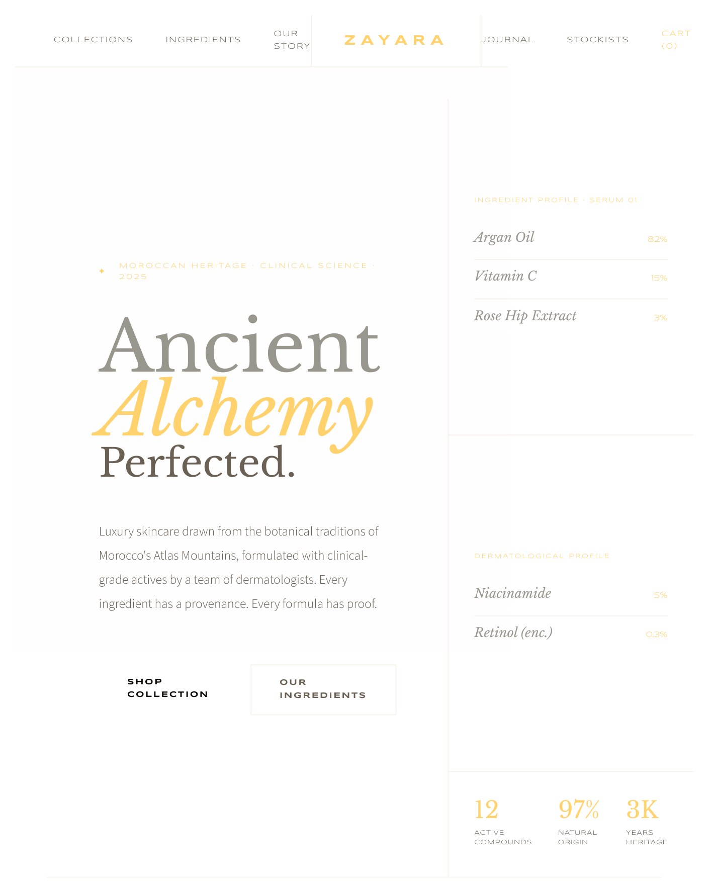Zayara website layout — apothecary direction hero section