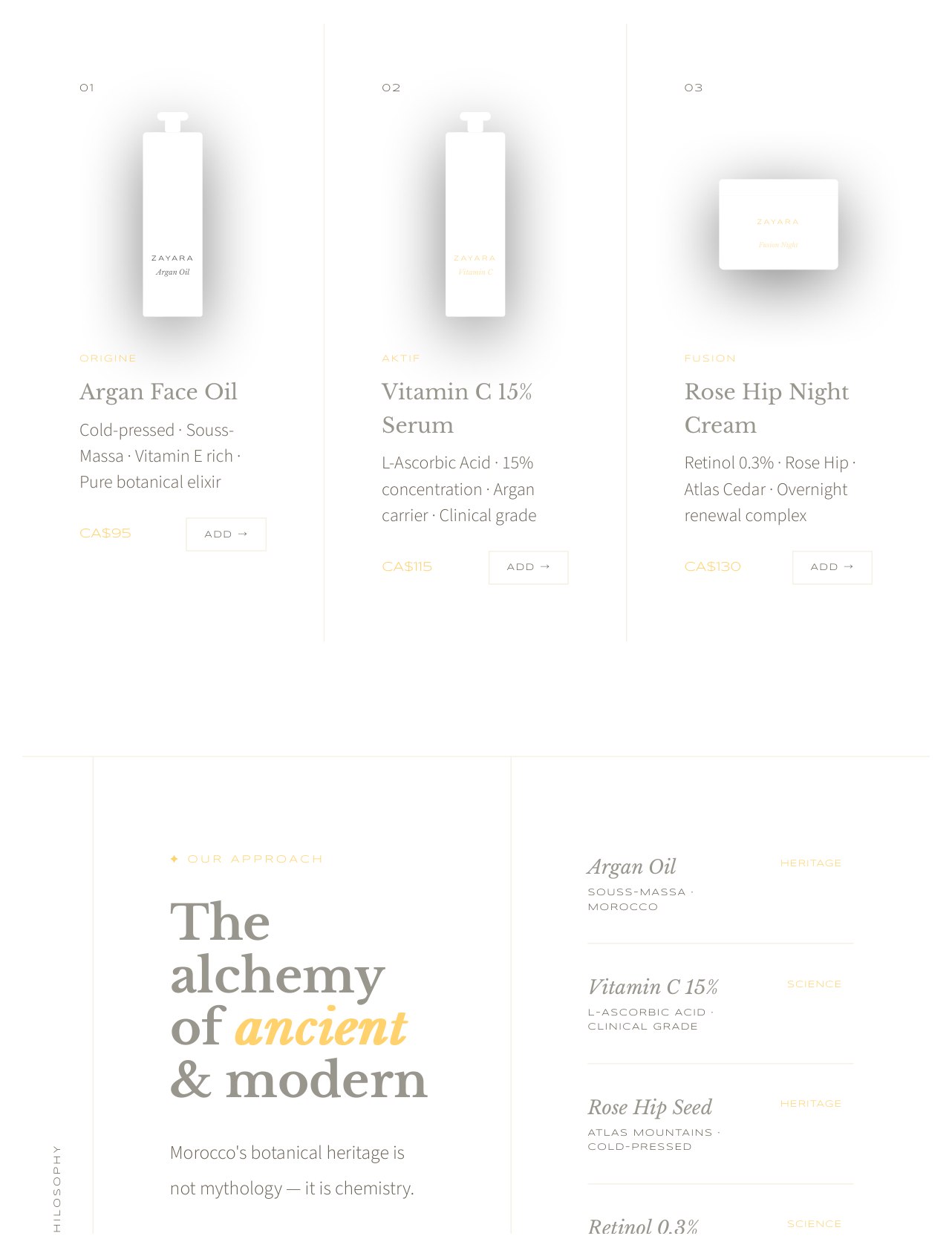 Zayara website layout — apothecary direction product grid